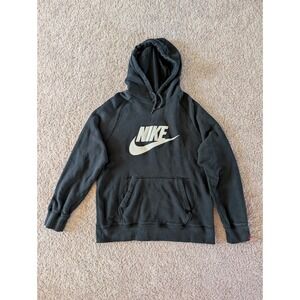Vintage Nike Hoodie Black Fleece White Logo + Swoosh + Stripes Unisex Large Y2K